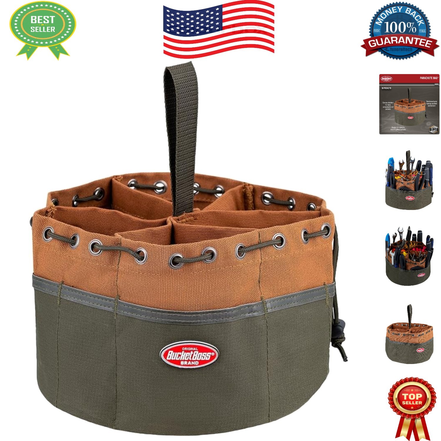 19-Pocket Canvas Organizer Parachute Bag in Brown for Tools & Small Parts