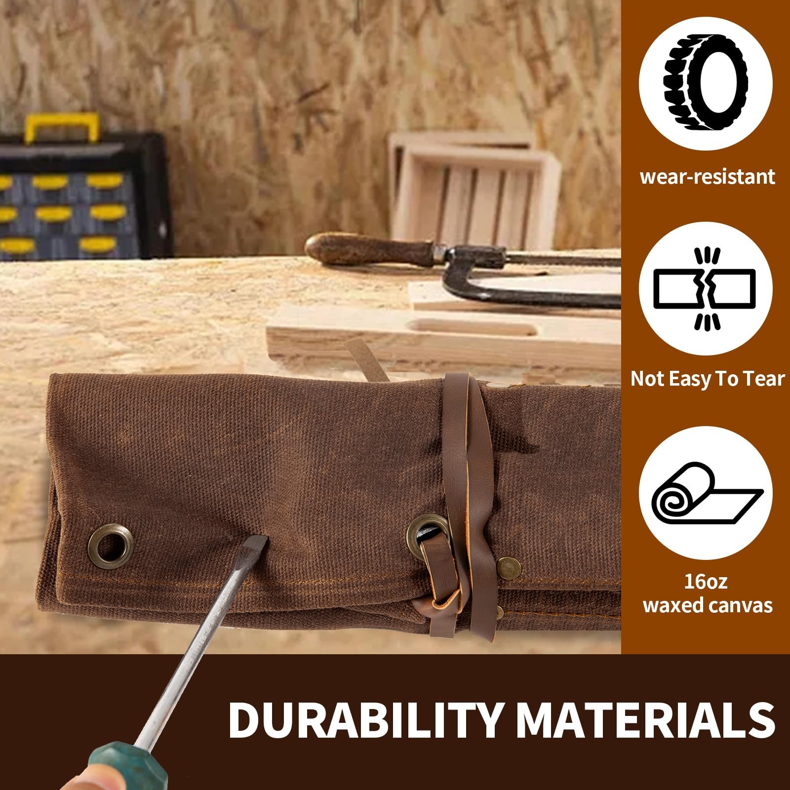 Chisel Roll,6 Pockets Roll Up Tool Pouch,Waxed 18.91″ L x 18.11″ H, brown