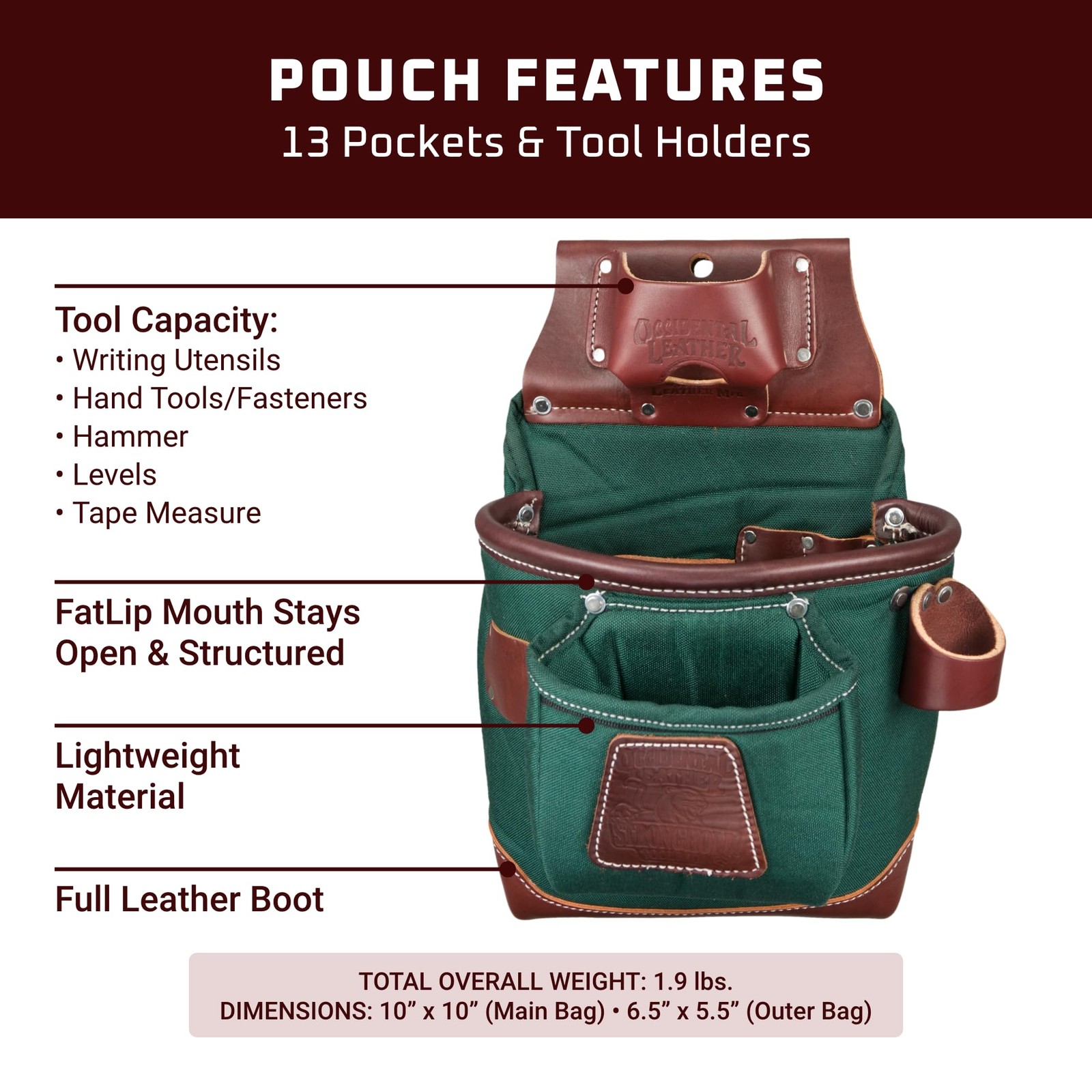 Occidental Leather FatLip Tool Bag – 13 Pockets & Right Hand, Green