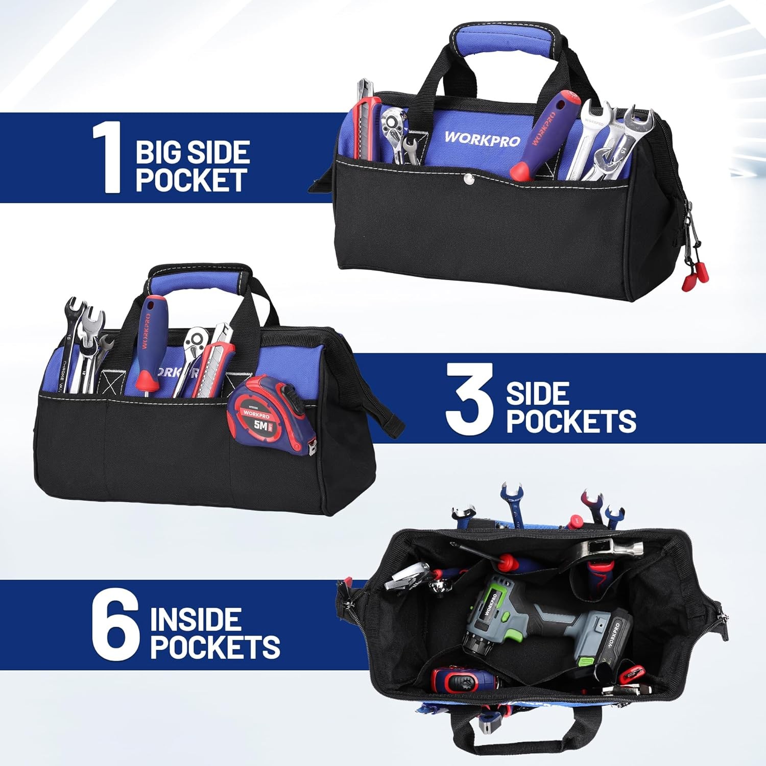 WORKPRO 13-inch Tool Bag Wide Mouth Tool Tote Bag with Inside Pockets Tool Bag