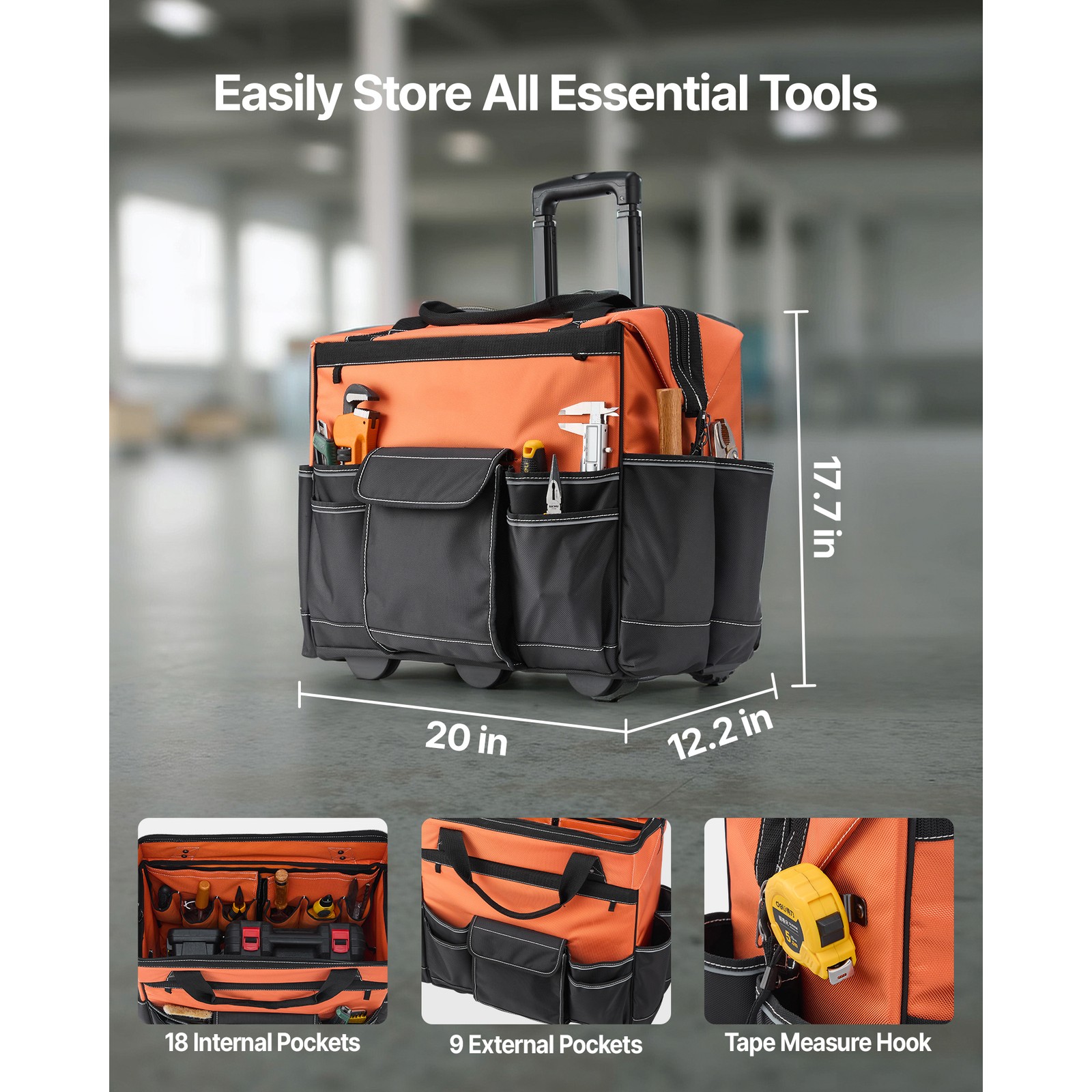 Uimoso Rolling Tool Bag 27 Pockets Heavy Duty 20″ Roller Tool Bag on Wheels