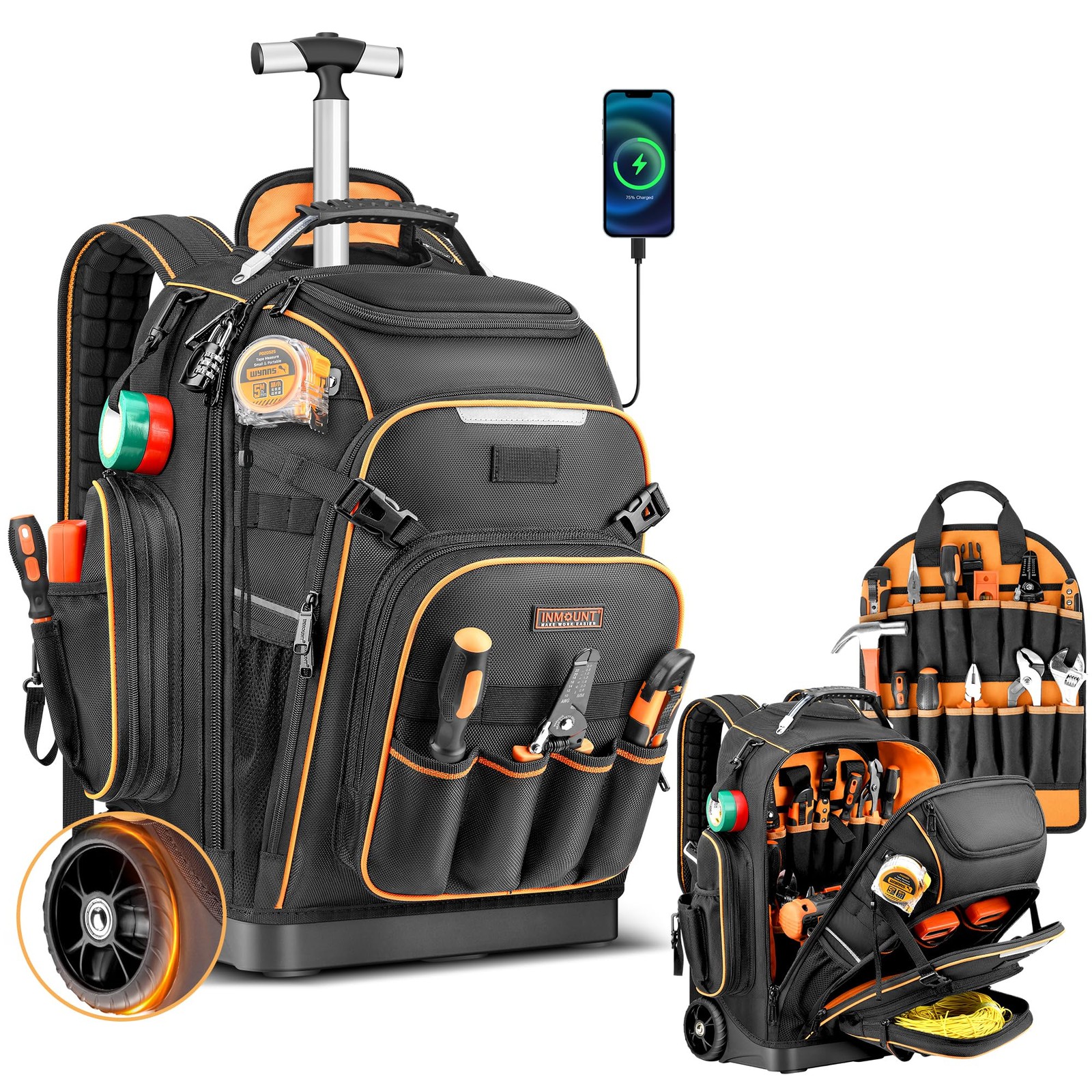 Large Tool Backpack Bag with Wheels, Combination Lock, USB Port, Molded Base
