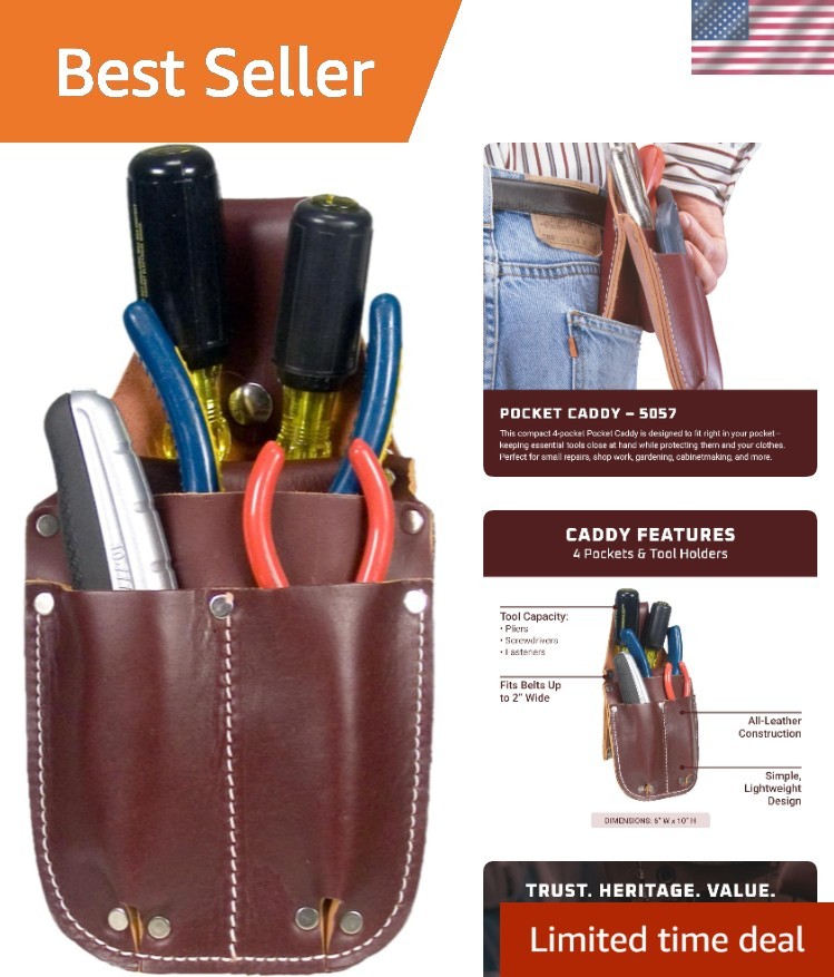 Pocket Caddy – Brown – 4 Pockets & Tool Holders – Belt Compatibility Up to 2″…