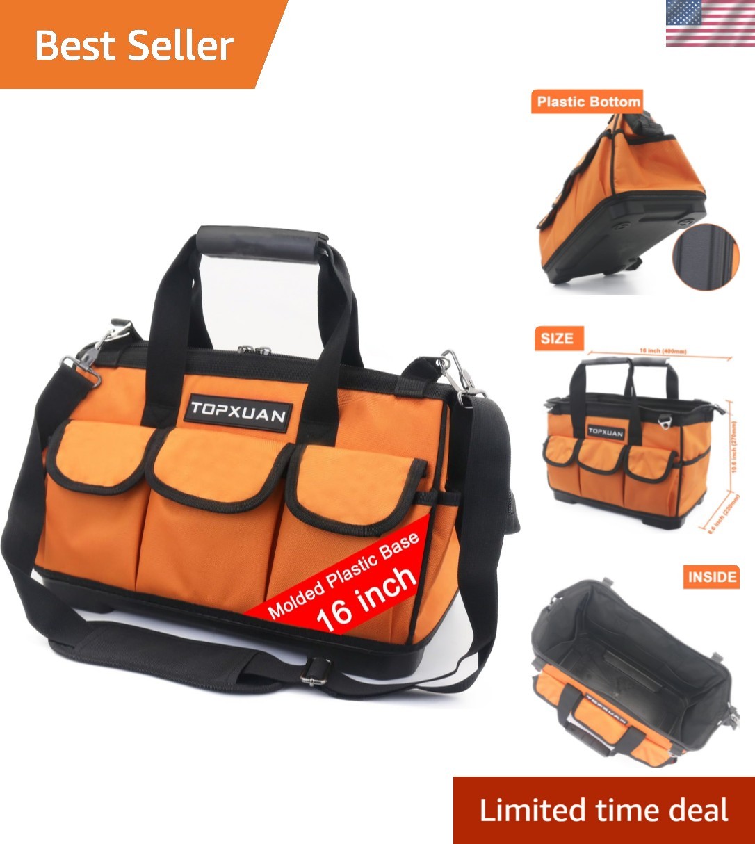 16-inch Wide Mouth Tool Storage Bag Close Top Organizer w/Waterproof Plastic …