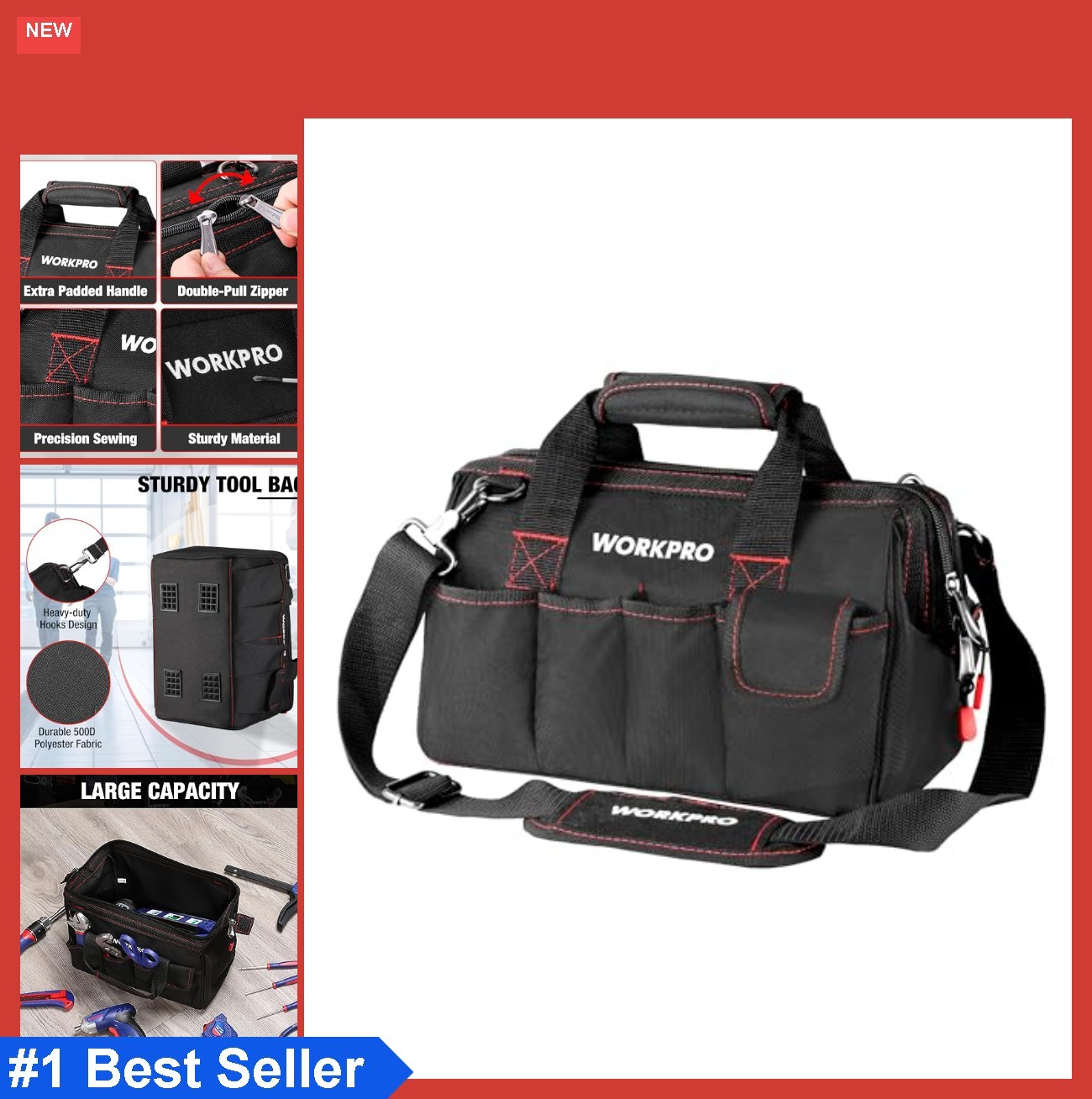 Tool Bag 12 Inch Wide Mouth Double Pull Zipper 7 Exterior Pockets Polyester