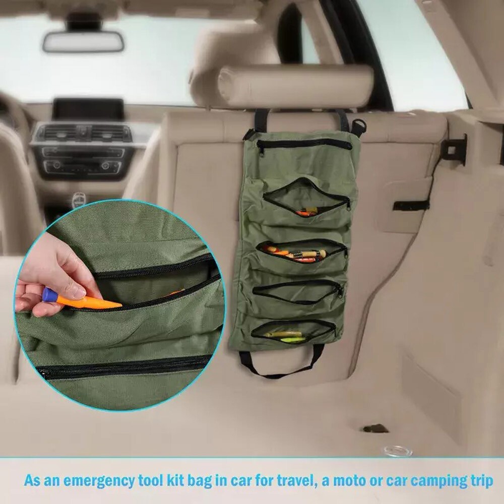 Multi-Purpose Tool Roll Up Bag 5 Pocket Wrench Pouch Canvas Hanging Organizer US