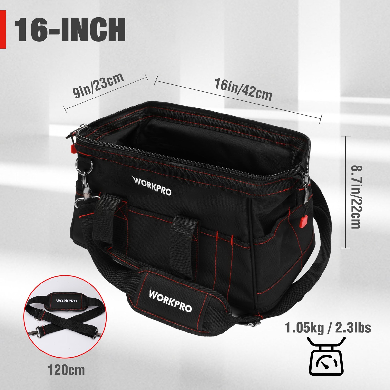 WORKPRO 16-inch Close Top Wide Mouth Tool Storage Bag with 16inch, Black