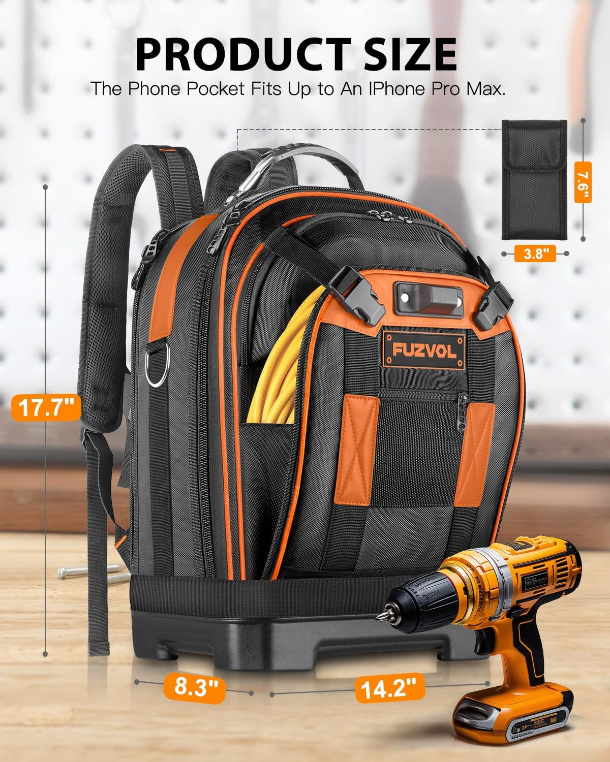 Heavy Duty Tool Backpack, 18-Inch Hard Shell Electrician Tool Bag, Full-Open Wor