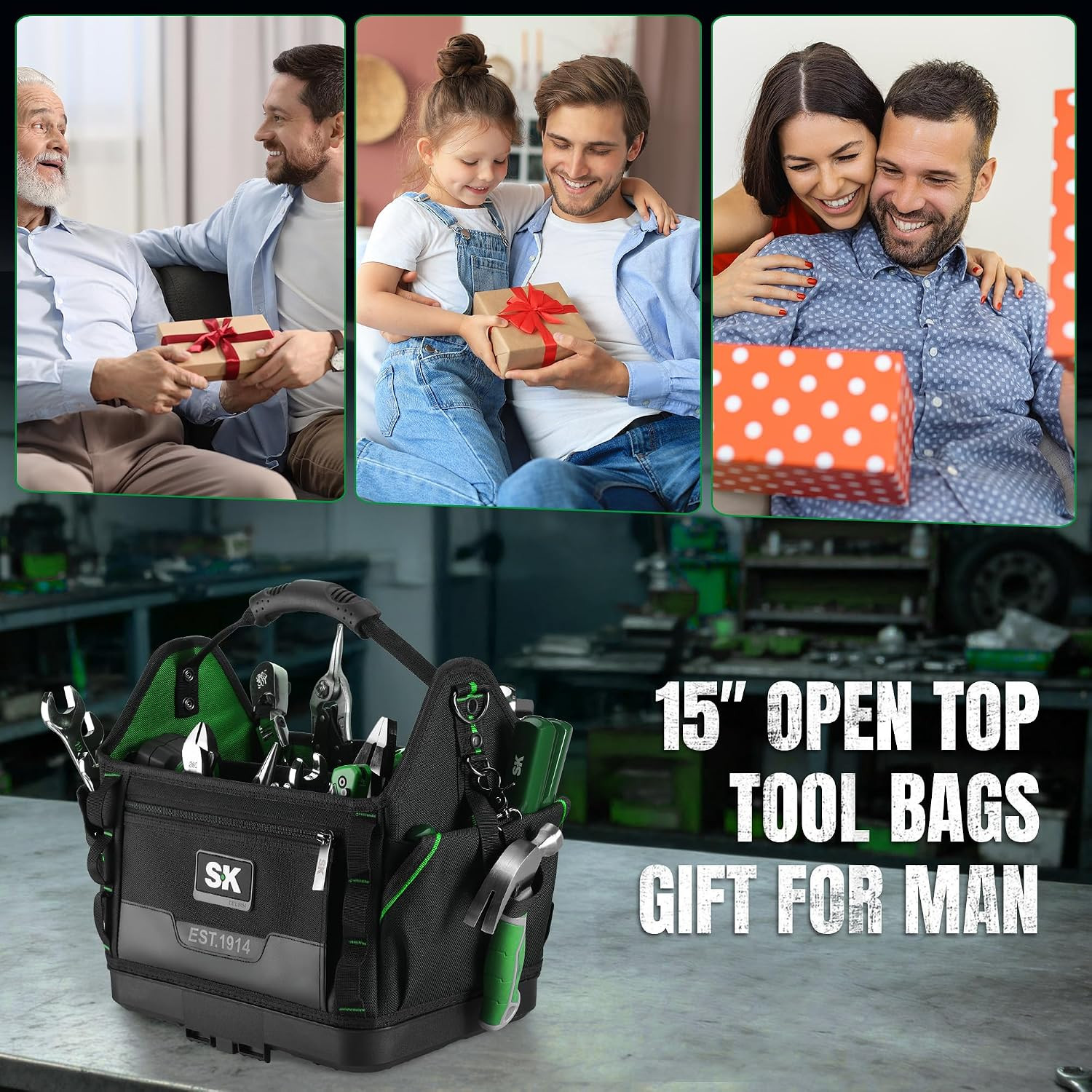 15″ Heavy Duty Tool Bag Organizer with 28 Pockets & Waterproof Base