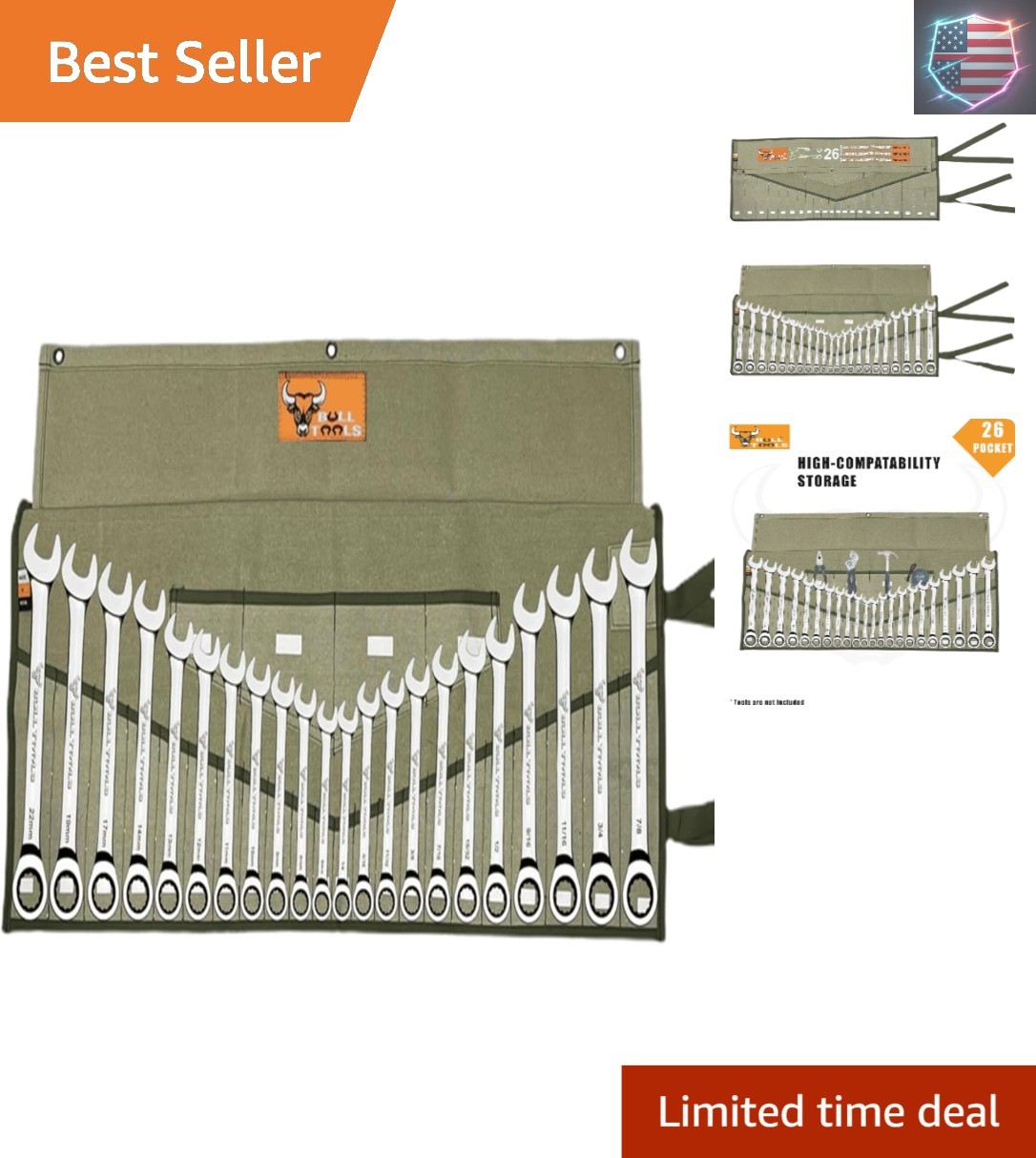 Tool Roll Organizer with 26 Pockets for Wrenches, Metric & SAE Durable Cotton…