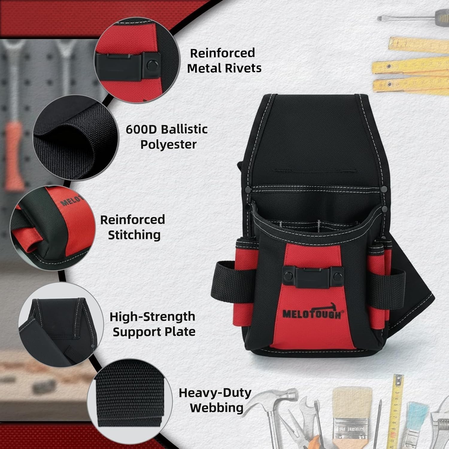 Professional 14-Pocket Electrician Tool Belt Pouch with Detachable Hammer Loop