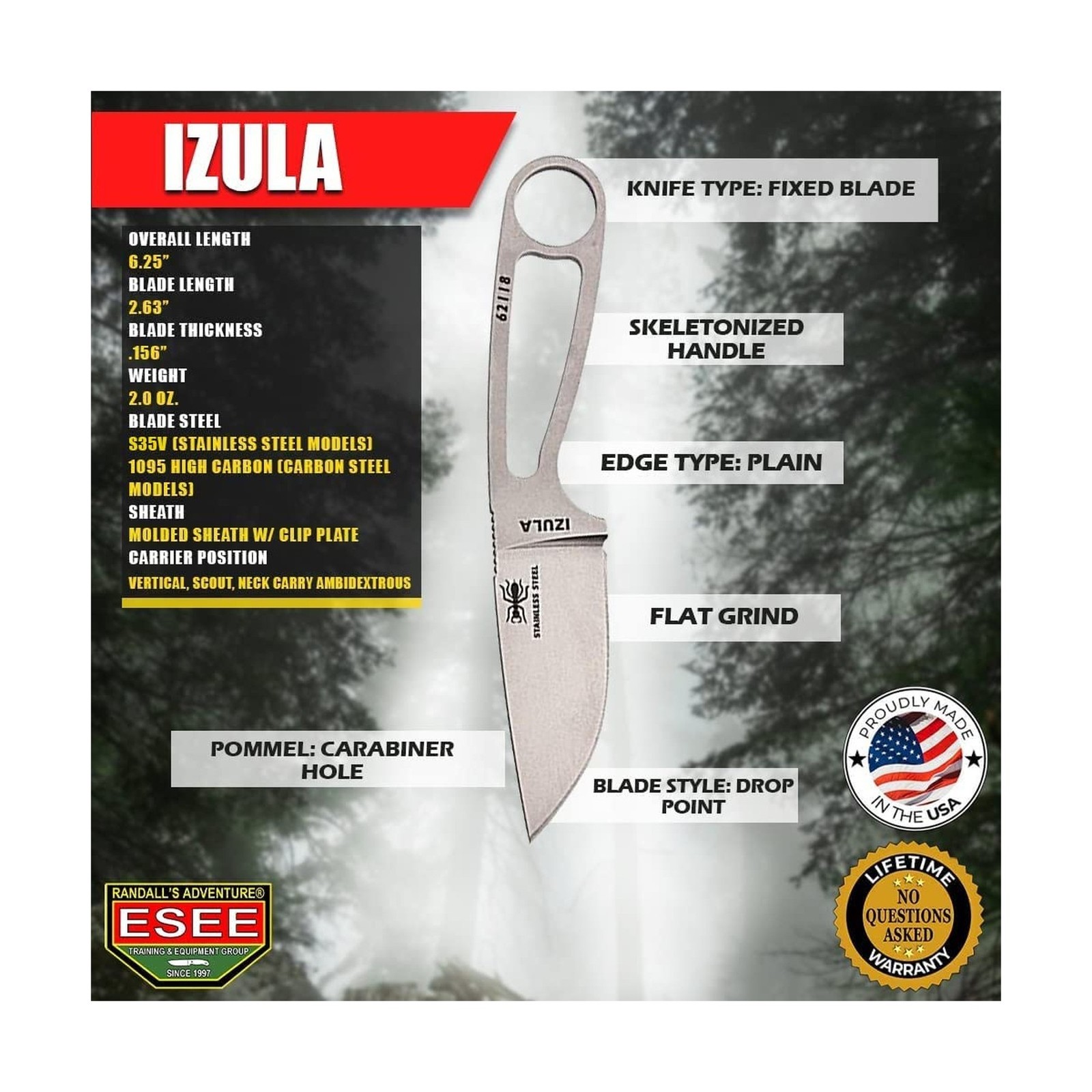 ESEE Izula Fixed Blade Knife w/Molded Polymer Sheath and Clip Plate