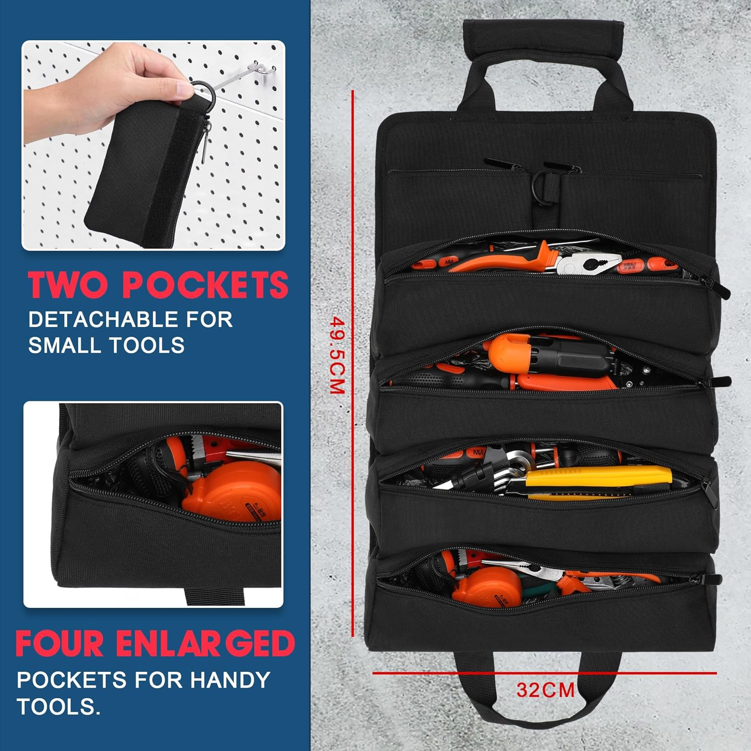 Roll Up Tool Bag Organizer – Durable Oxford Fabric, 6 Pockets, Compact/Portable