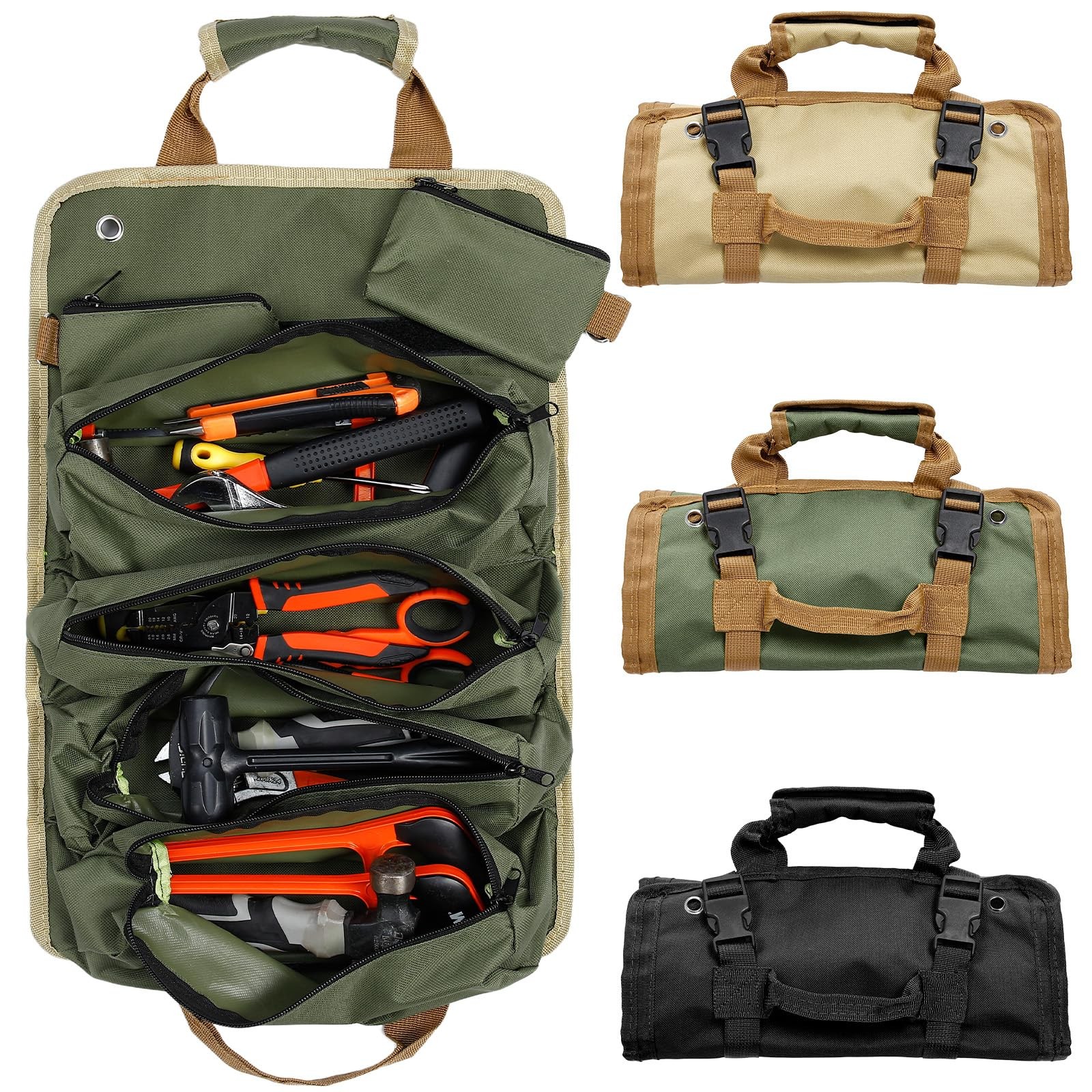 3 PCS Roll Up Tool Bag Organizer Heavy Duty Portable Pouch 4 Compartment