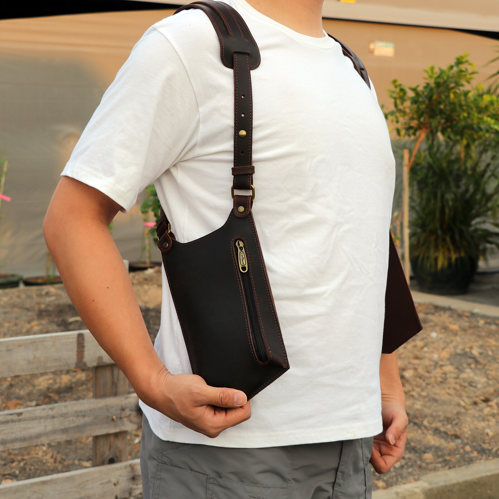 TOURBON Leather Double Phone Underarm Case Suspender Shoulder Wear Harness Bag