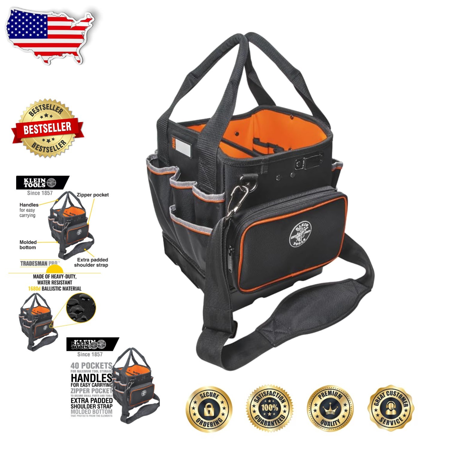 Pro Tool Tote Organizer 10-Inch 40 Pockets Durable Ballistic Weave Padded Strap