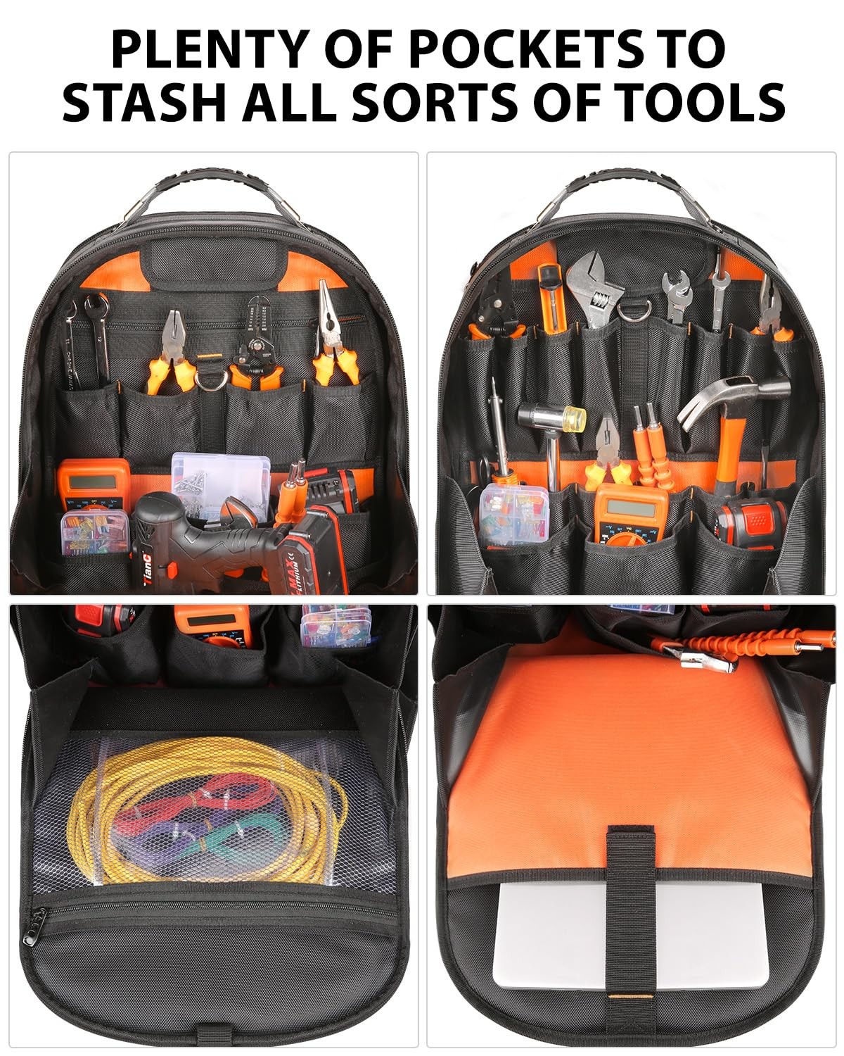 Heavy Duty Tool Backpack, 18-Inch Hard Shell Electrician Tool Bag, Full-Open …