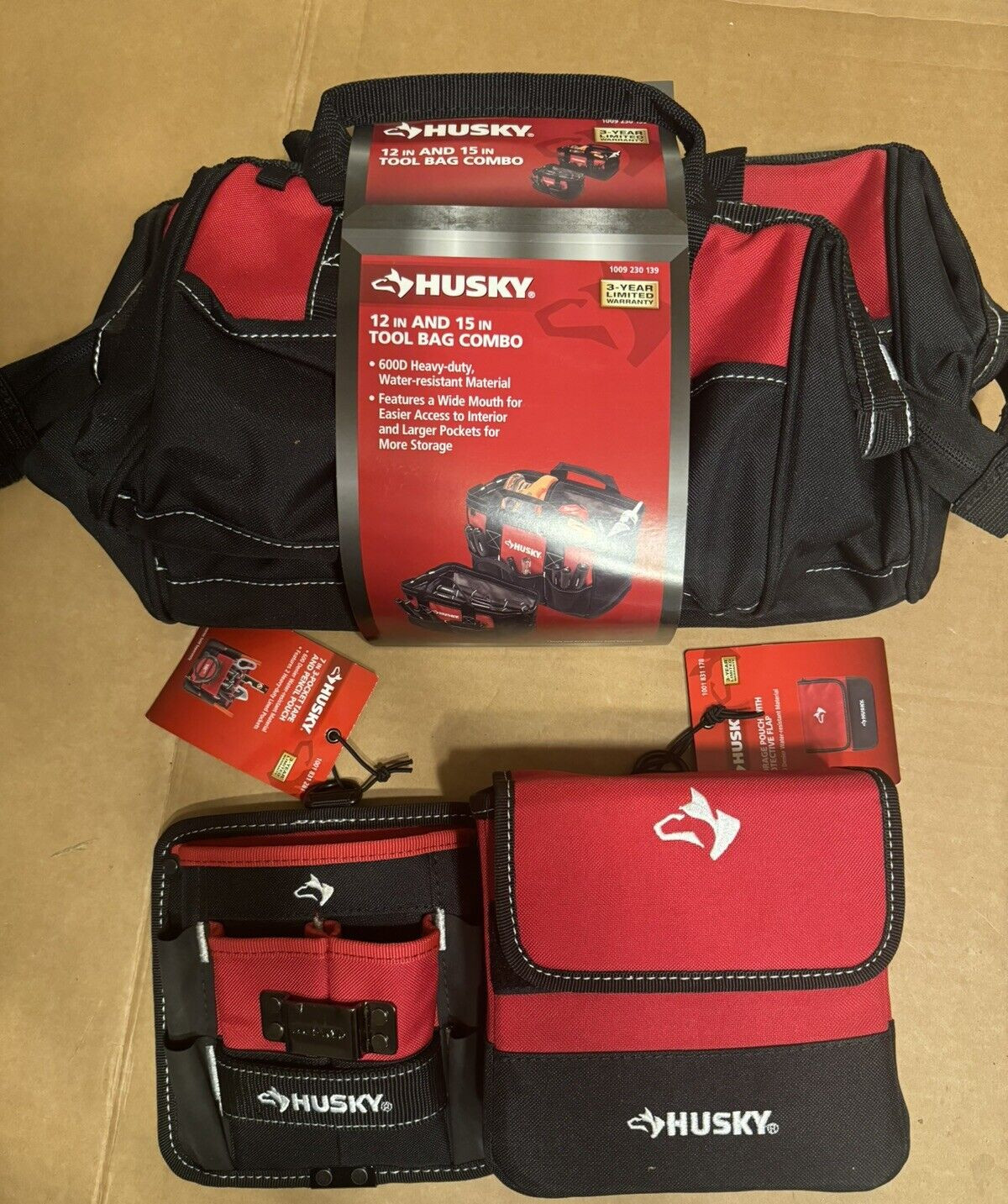 Husky 12 In. and 15 In. Tool Bag Combo NEW + 2 Bonus Tool Pouches