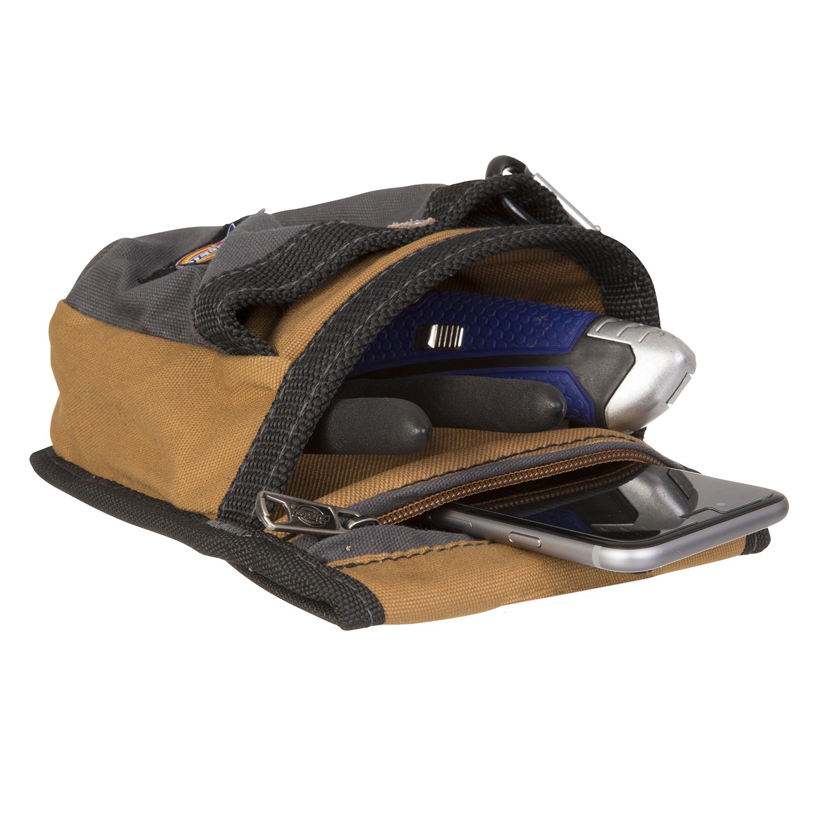 Dickies 57005 Medium Tan Canvas Tool Belt Pouch 4 Pockets Zip Pocket Carabiner