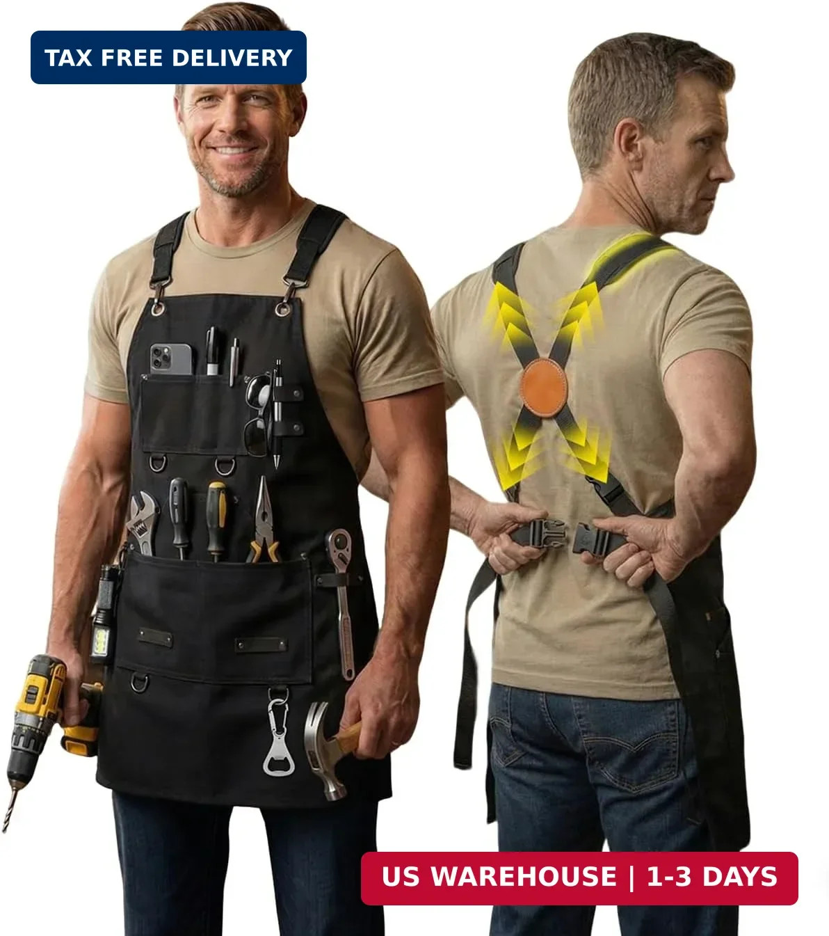 Heavy Duty Canvas Tool Aprons for Men: 6-Pocket, with Quick-Release Buckle, Ergo