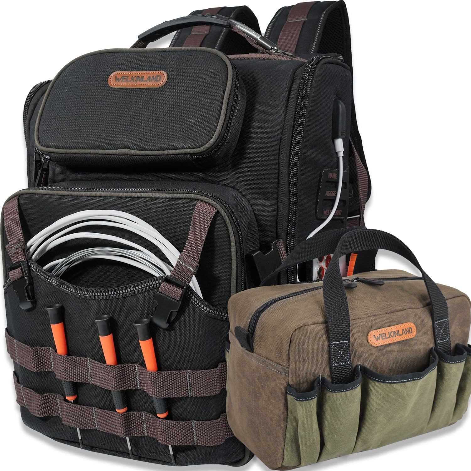 WELKINLAND 60-Pocket Electrician Backpack & Tool Medium, Black,Brown,Green