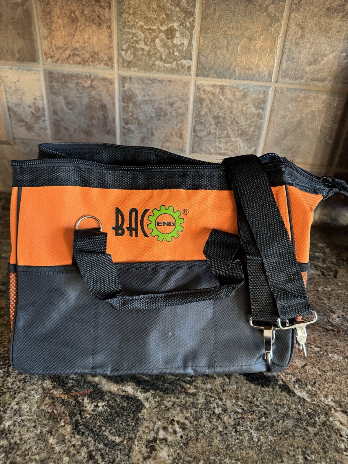 BAC ENG Black&Orange Indoor/Outdoor Tool or Gear Bag w Multiple pockets & Strap
