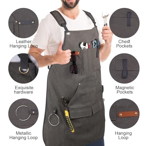 Men’s Canvas Tool Apron, Heavy Duty Multi-Pocket Work Apron for Grey