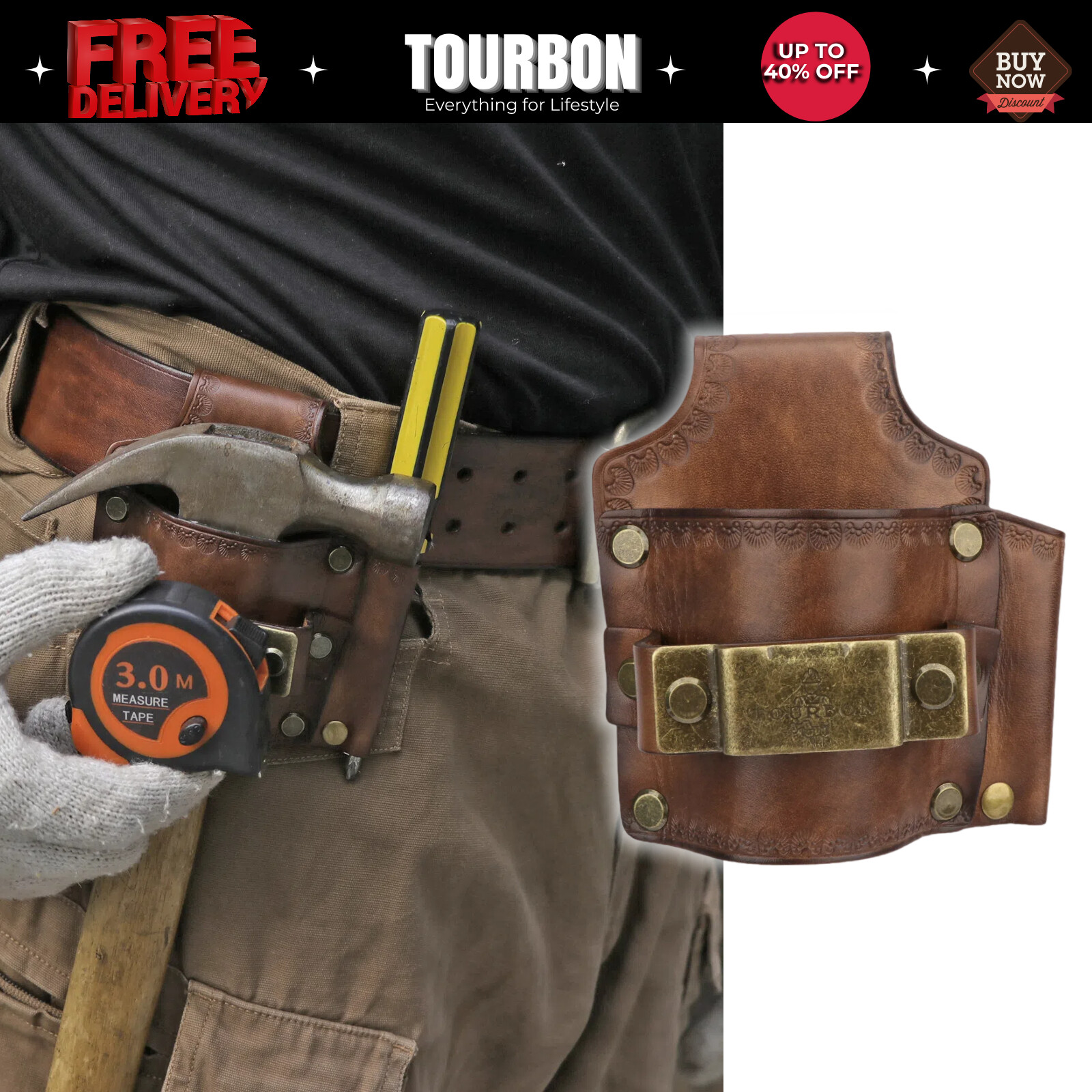 TOURBON Real Leather 3-in-1 Tools Belt Pouch Hammer Holster Tape Measure Holder