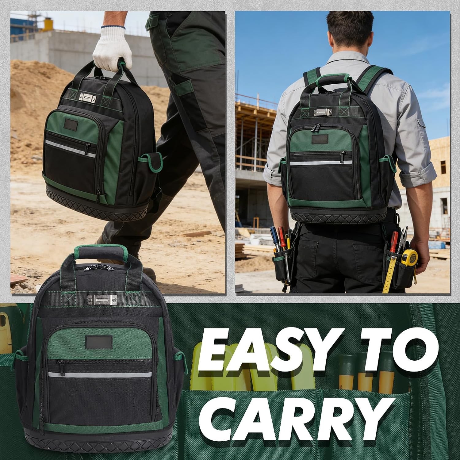 Tool Backpack 17in Oxford Curved Hard Base Large Capacity Shockproof Ergonomic