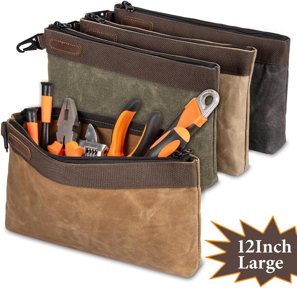 Waxed Canvas Tool Pouches 4 Pack – 11-Inch Heavy-Duty Zipper Tool Bags Set, W…
