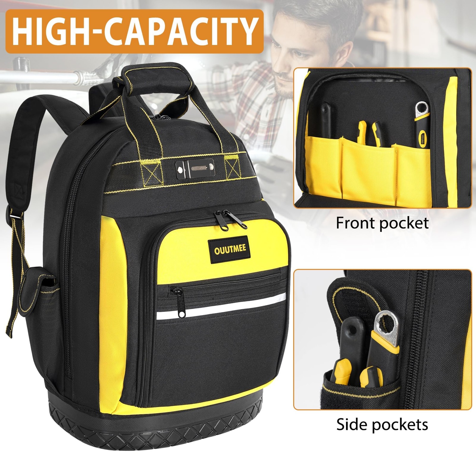 OUUTMEE Tool Backpack, Work Bag with Multi-Use Pockets, 16”, Yellow