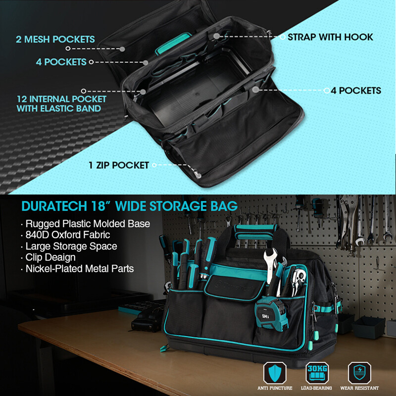 DURATECH 17-in Wide Mouth Tool Bag Large Storage 32 Pocket Bag Organizer w/Strap