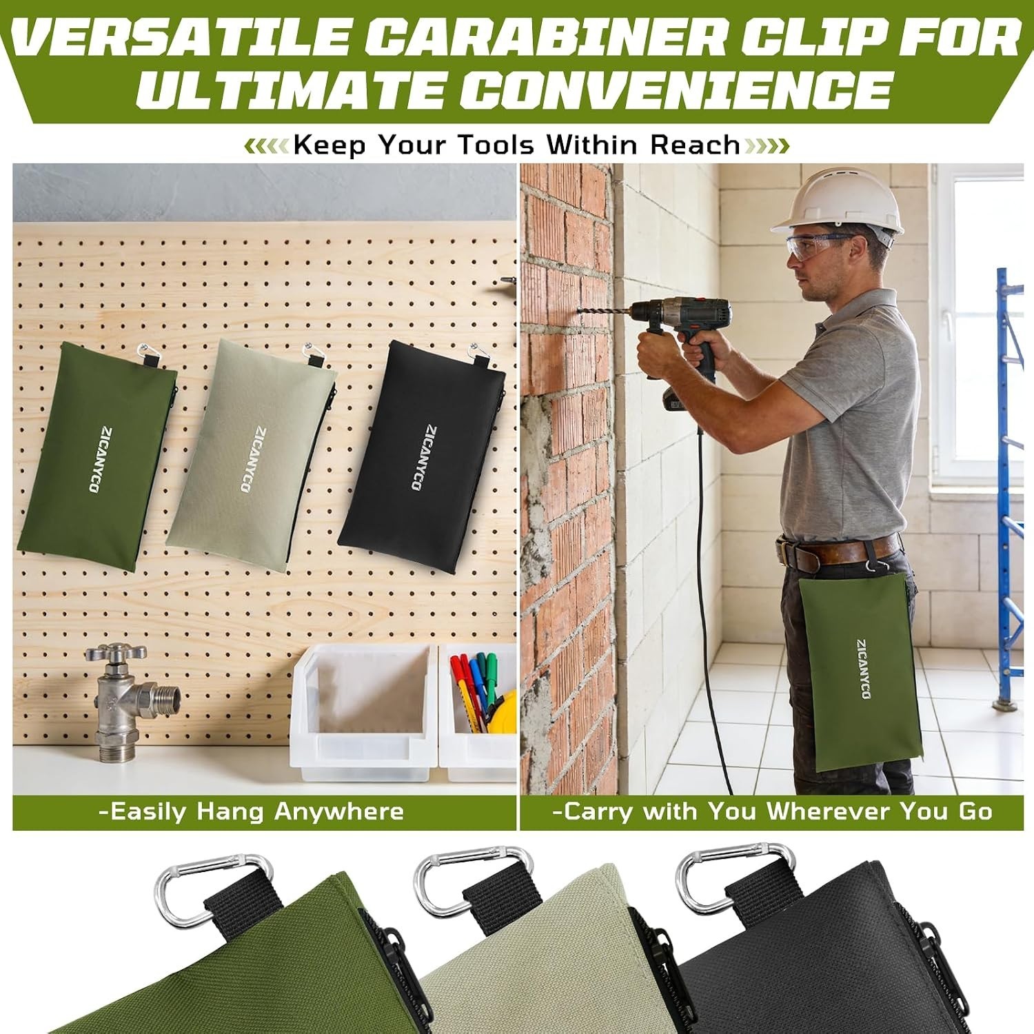 3-Pack Durable Waterproof Tool Pouch Zipper Bags with Carabiner Accessories