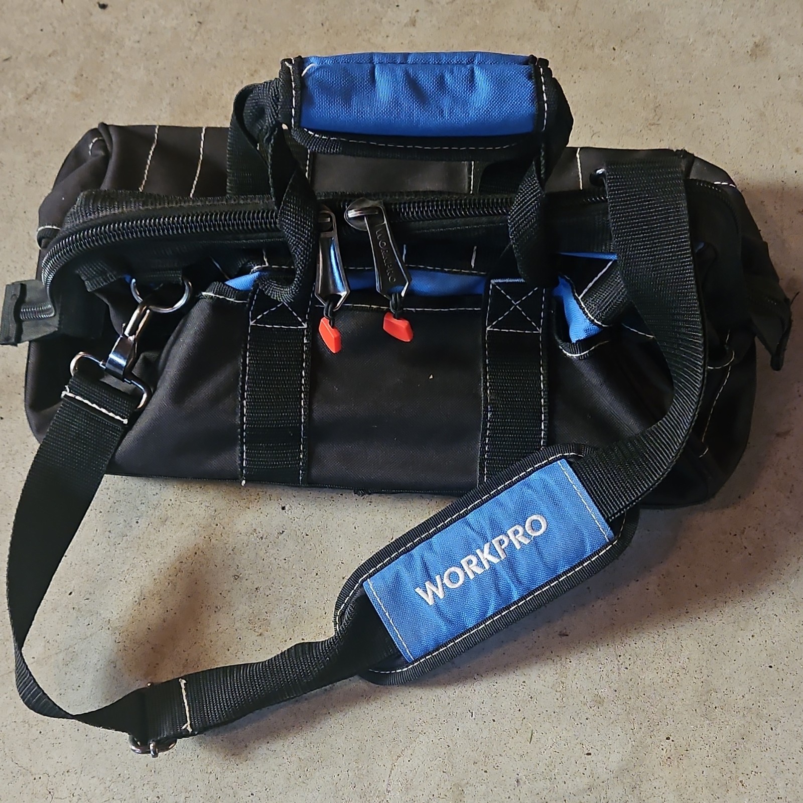 WORKPRO Black Blue Tool Bag Fabric Shoulder Strap Multiple Pockets Handle