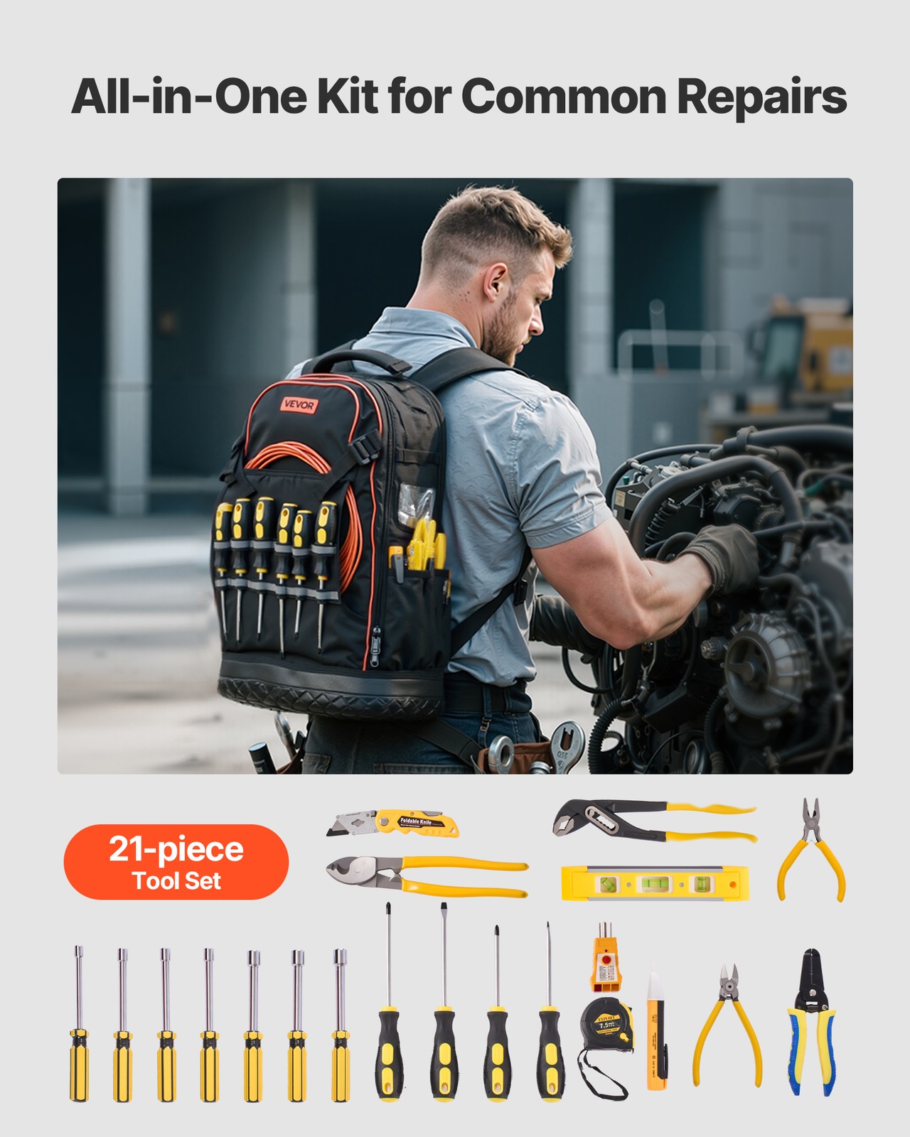 VEVOR Tool Backpack with Tools 65 Pockets Tear-resistant Jobsite Backpack