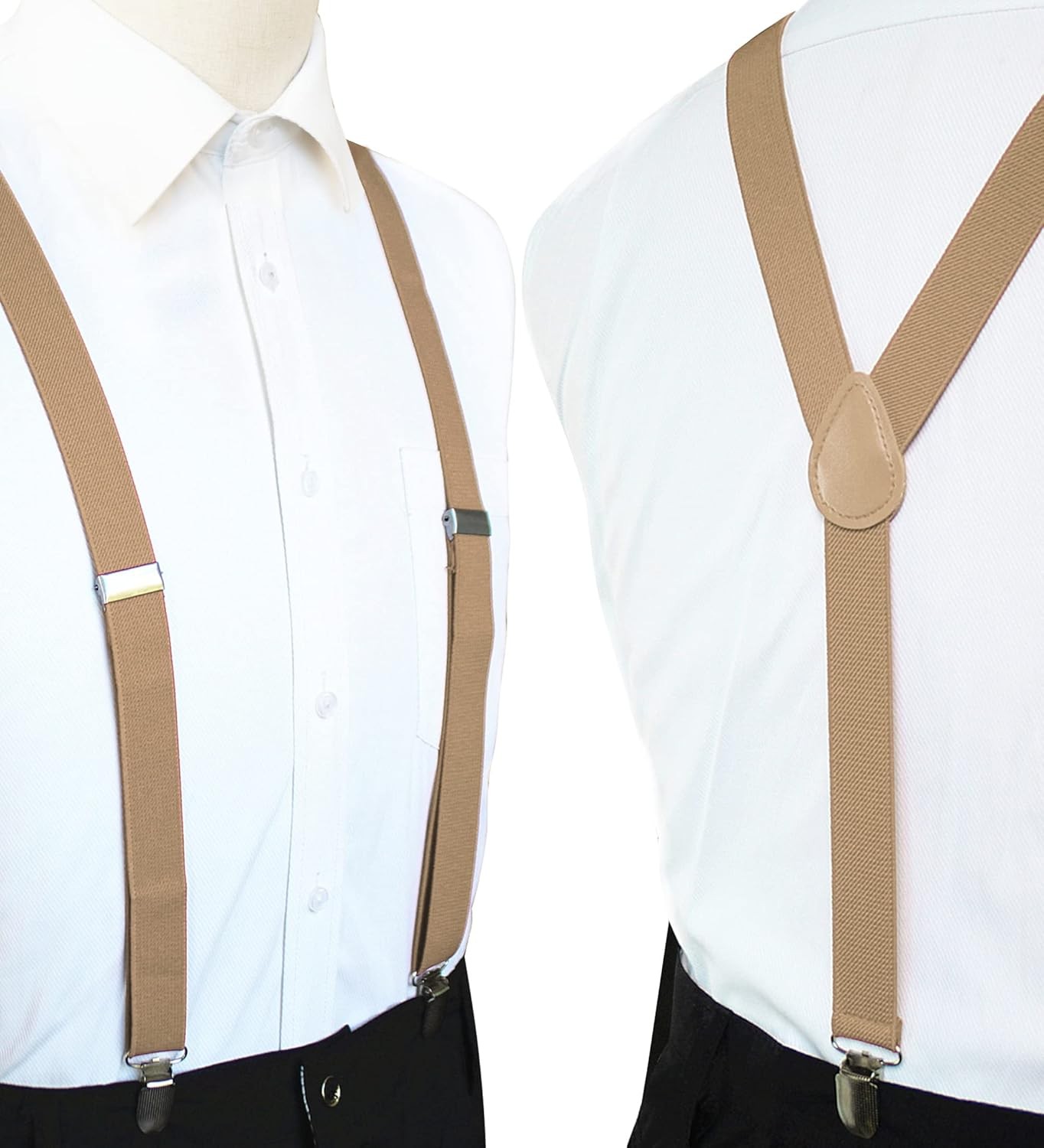 Solid Color Mens Suspender with 3 Strong Clips Adjustable Braces Champagne