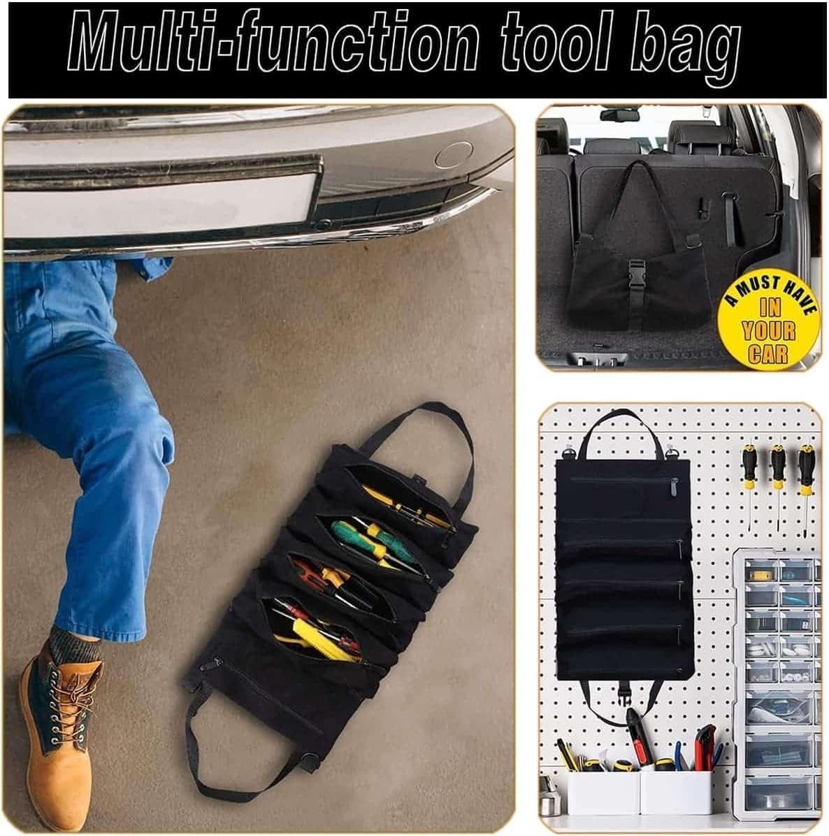 Multi-Purpose Tool Roll Up Bag Wrench Pouch Canvas Hanging Organizer w/ 5 Pocket