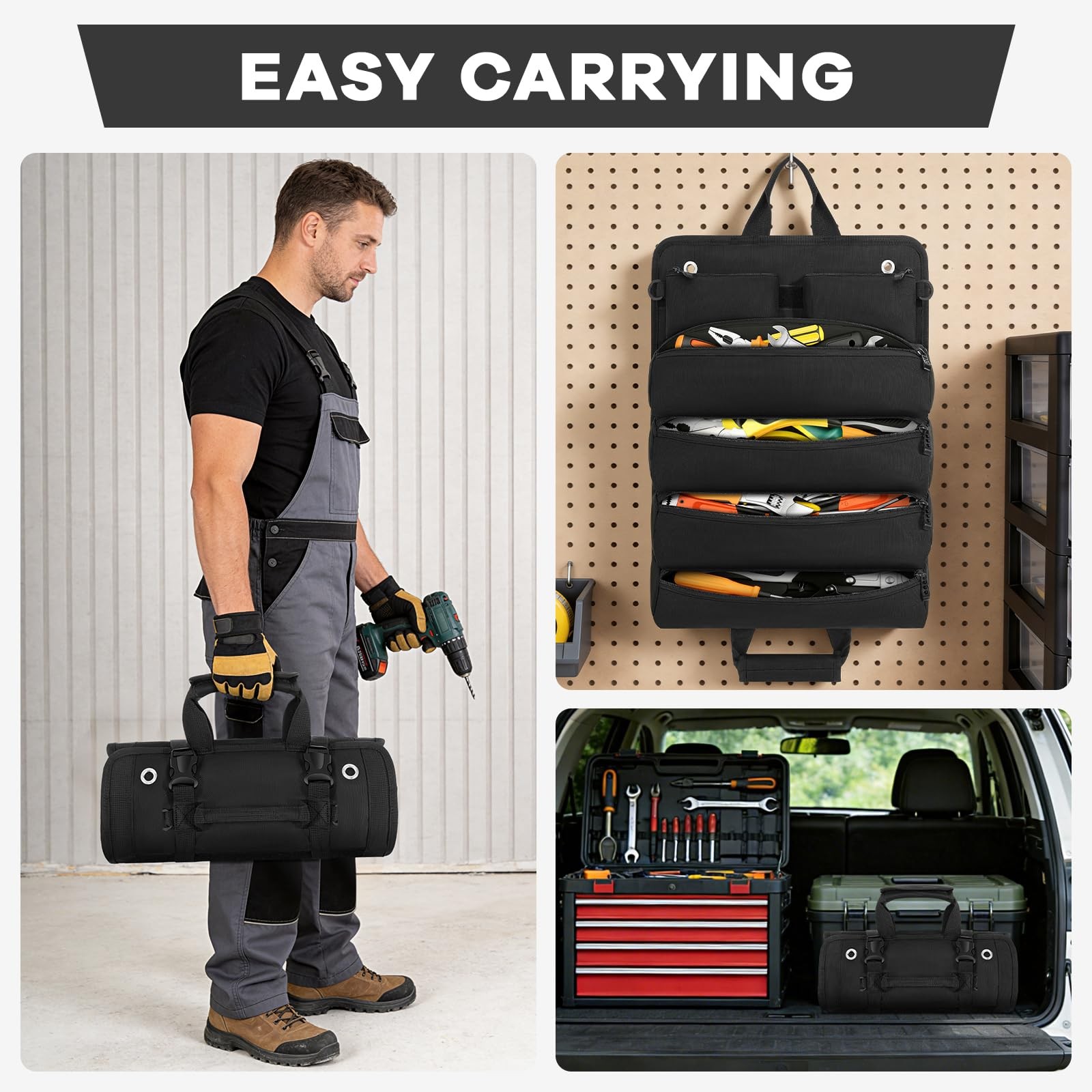 Black Standard Heavy Duty Roll Up Tool Bag Organizer 2 Detachable Pouch Garage