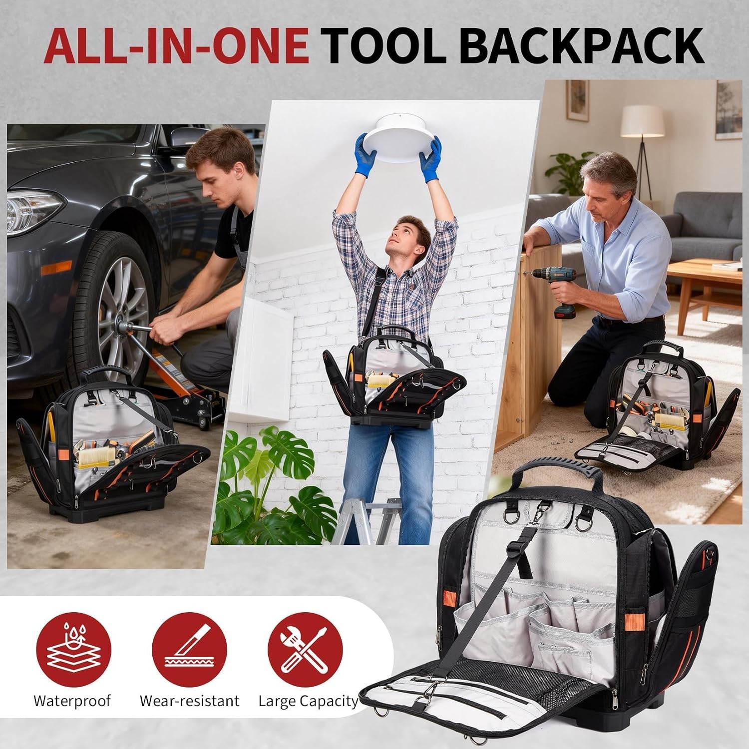 Tool Organizer Tote 2 Tier 40cm Polyester Removable Cases Hard Bottom Black Bag