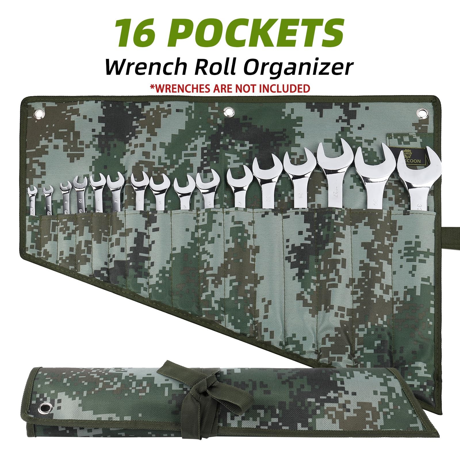 16 Pocket Wrench Roll Organizer Waterproof Oxford Tool Pouch Bag Dark Camouflage