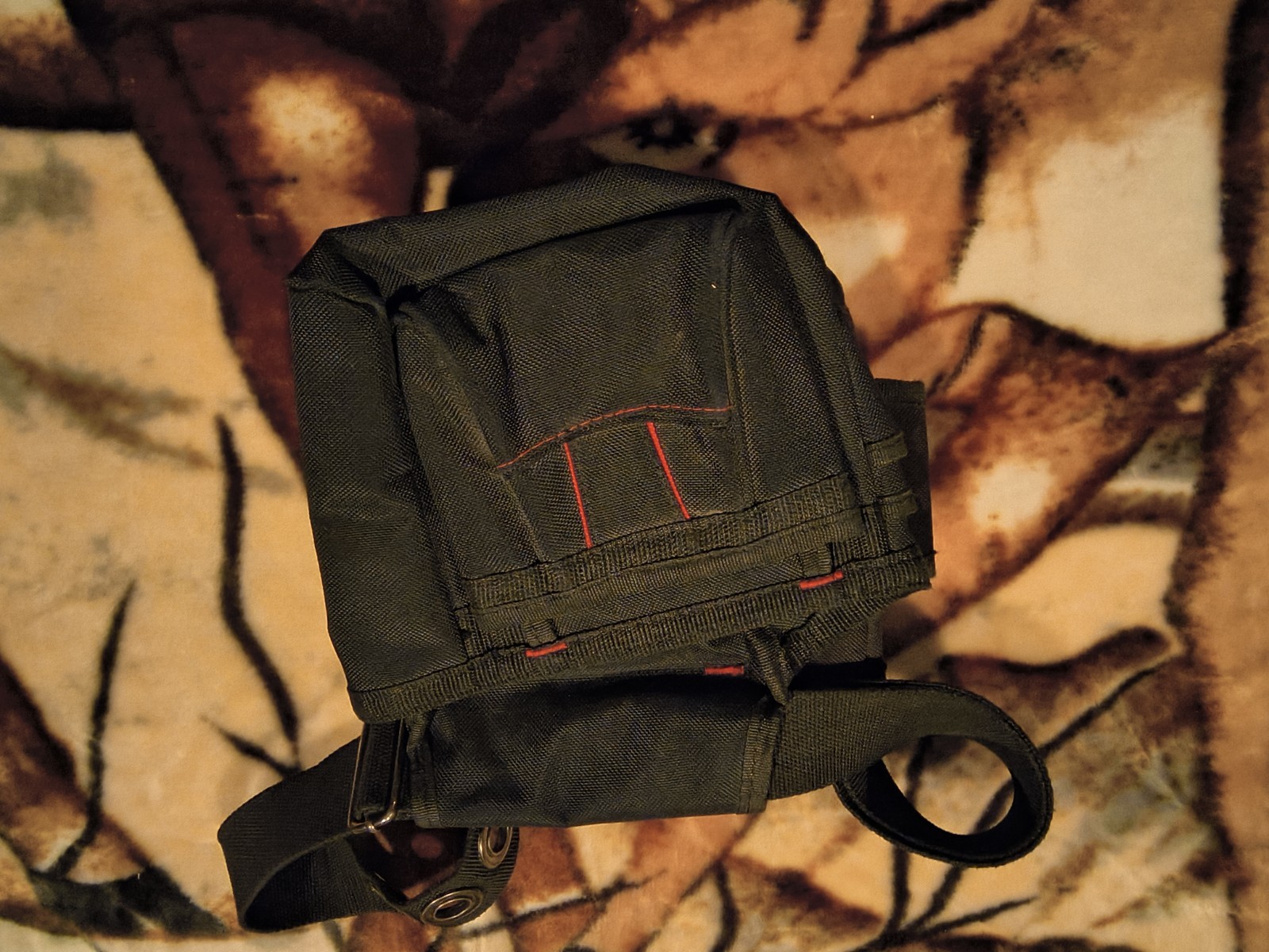 Black Fabric Tool Belt Pouch with Adjustable Strap and Red Stitching