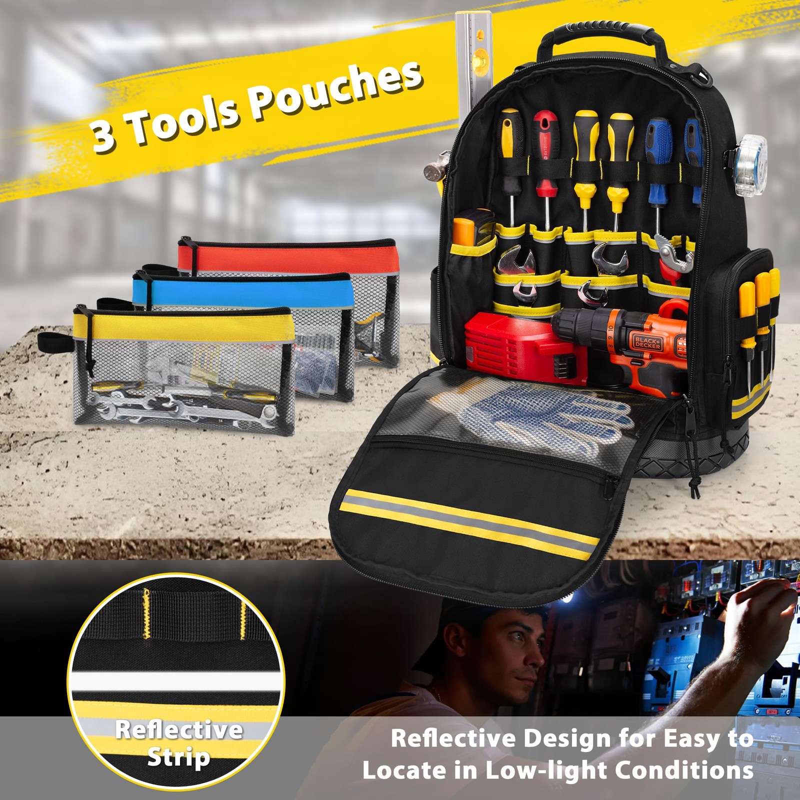 Tool Backpack with Hard Bottom, Tool Bag with 3 Clear Pouches