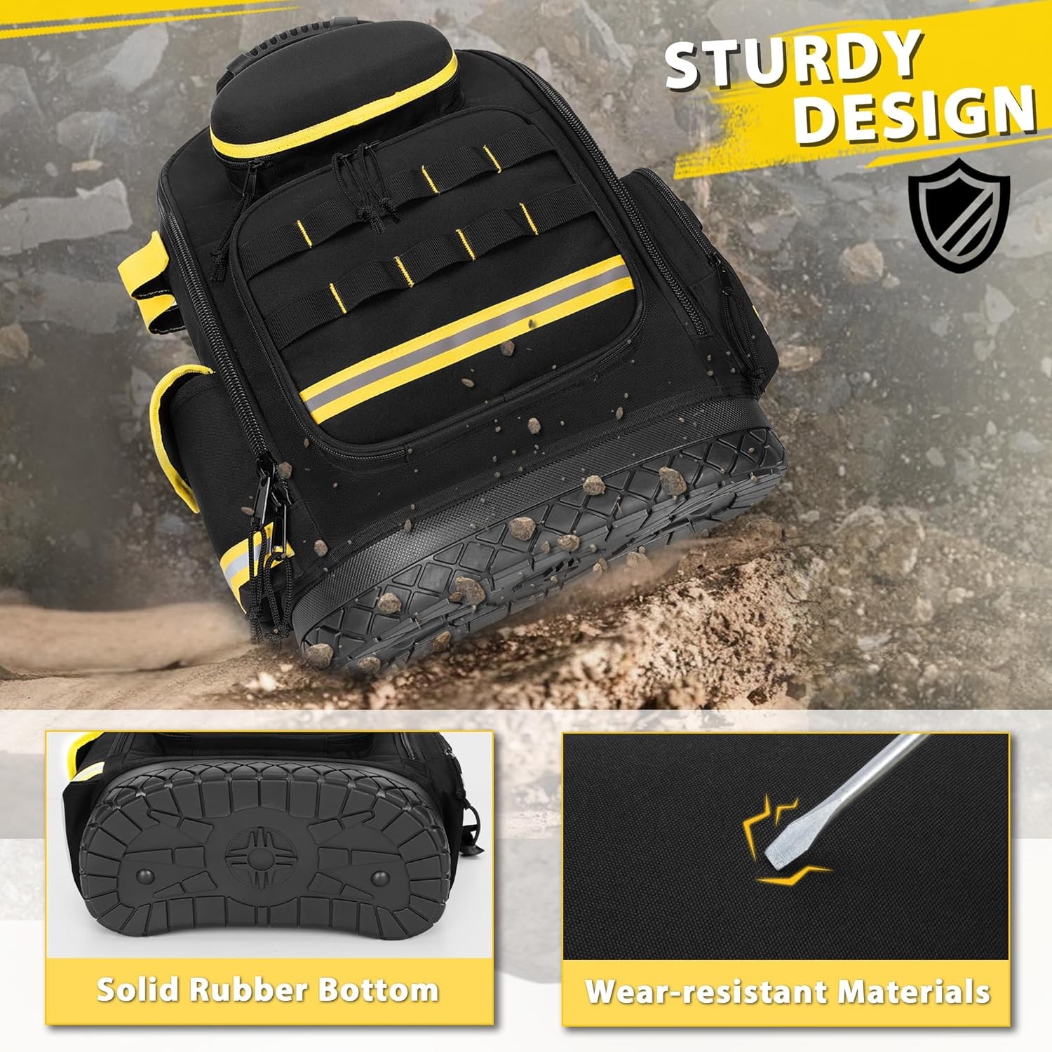 Tool Backpack with Hard Bottom and 3 Pouches, Heavy Duty Tool Organizer
