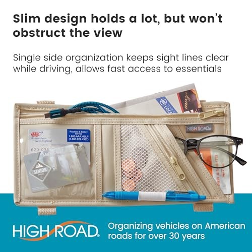 Car Visor Organizer with Zippered Pockets, Sunglasses Sleeve and Clear Tan