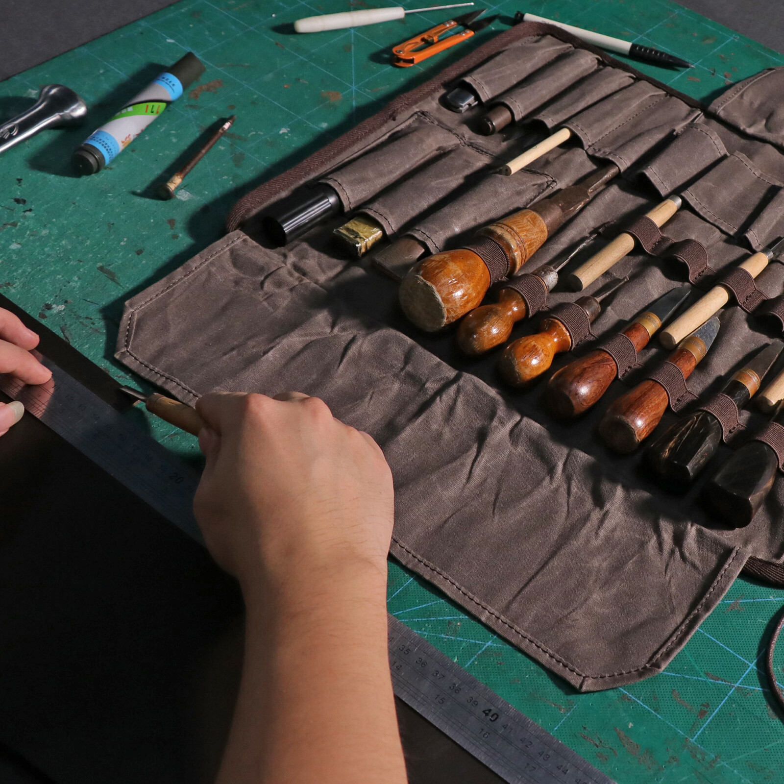 TOURBON Waxed Canvas Tool Roll Spanner Wrench Storage Pouch Chisel Gloves Pocket