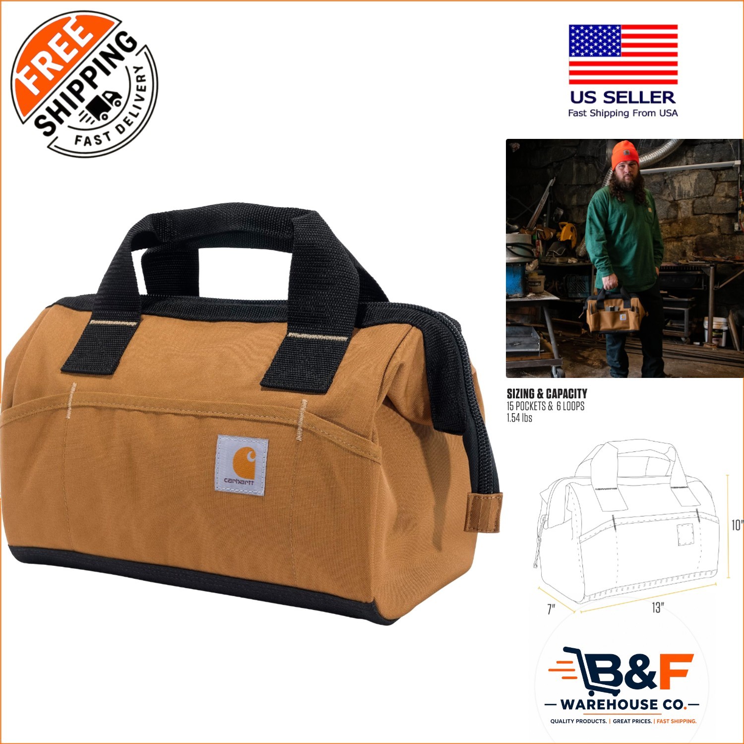 Brown Utility Tool Bag, 13-Inch | 15 Pockets, Lightweight and Water-Repellent
