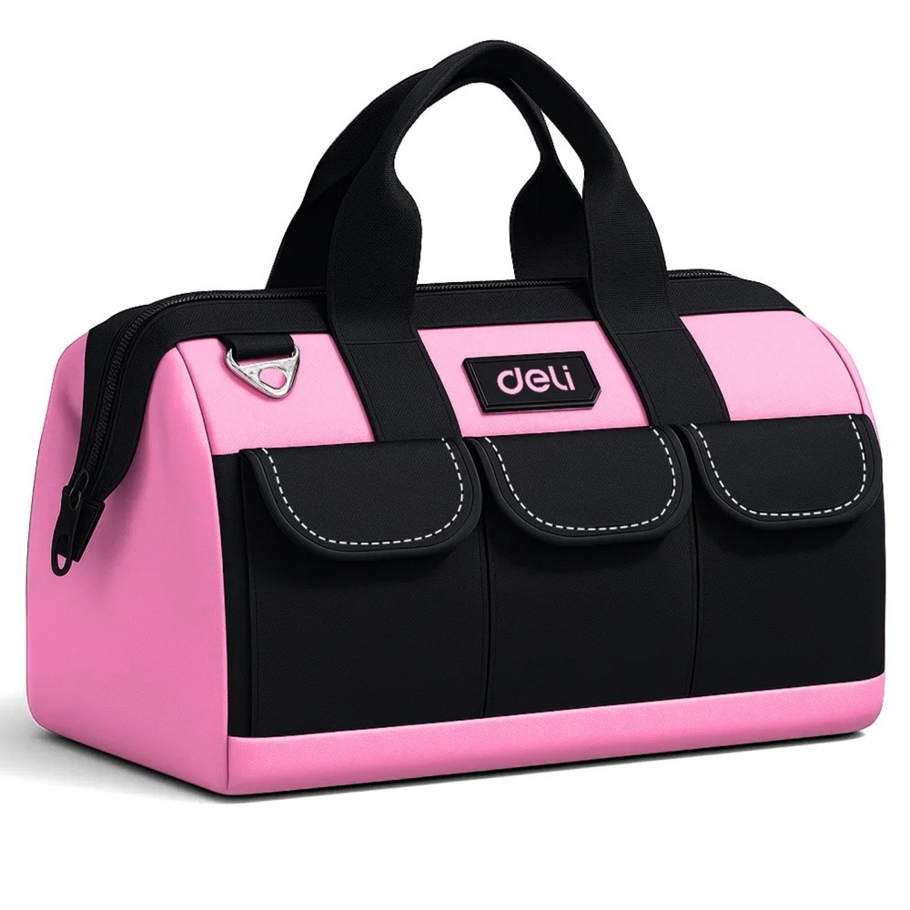 Deli 13 Inch Heavy Duty Contractor Tool Bag with Pockets Adjustable Strap, Pink