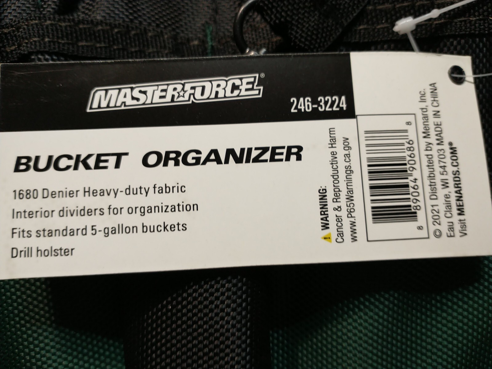 MASTER FORCE ~ 5 Gallon Bucket Tool Organizer ~ Heavy Duty Fabric ~ Dark Green
