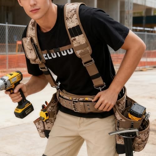 Camo Tool Belt with Suspenders Camouflage Tool Pouch Supenders Framers Combo Apr