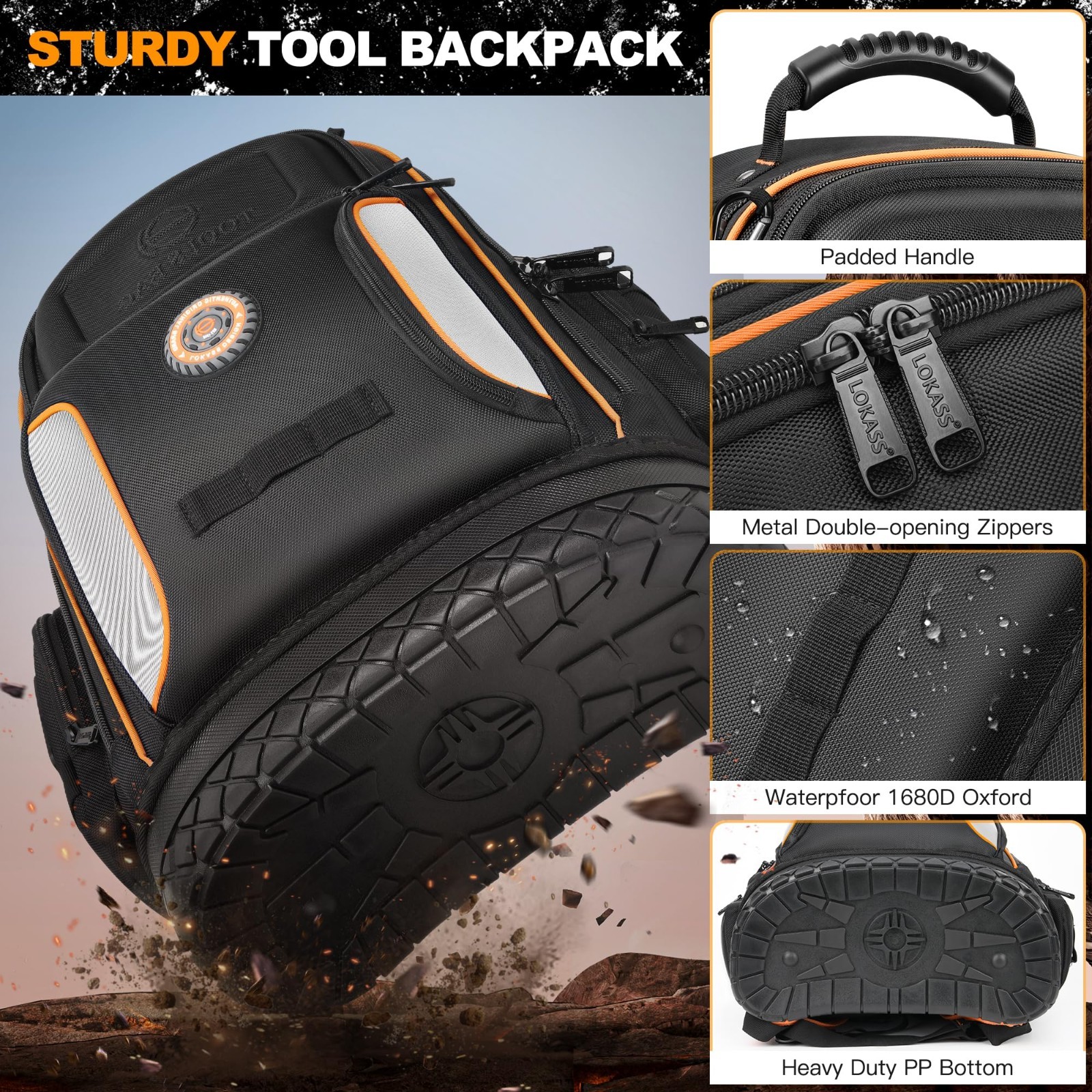 Heavy-Duty 18.1″ Tool Backpack, 75 Pockets, Molded Base, Lockable for Electricia